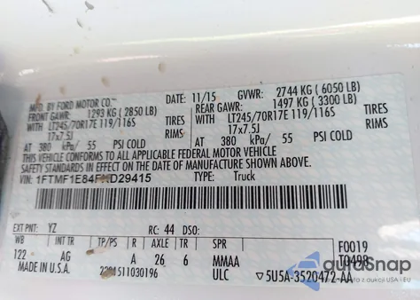 2015 Ford F-150 Xl from USA, damaged, VIN 1FTMF1E84FKD29415